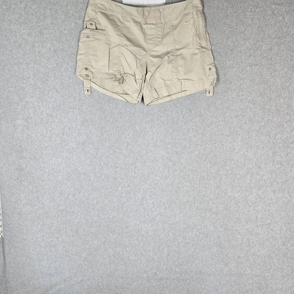VINTAGE Nike Women Shorts M Beige Embroidered Cargo Mini Swoosh Embroidered
